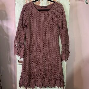 Women’s Mikarose brown crochet midi dress with bell long sleeves